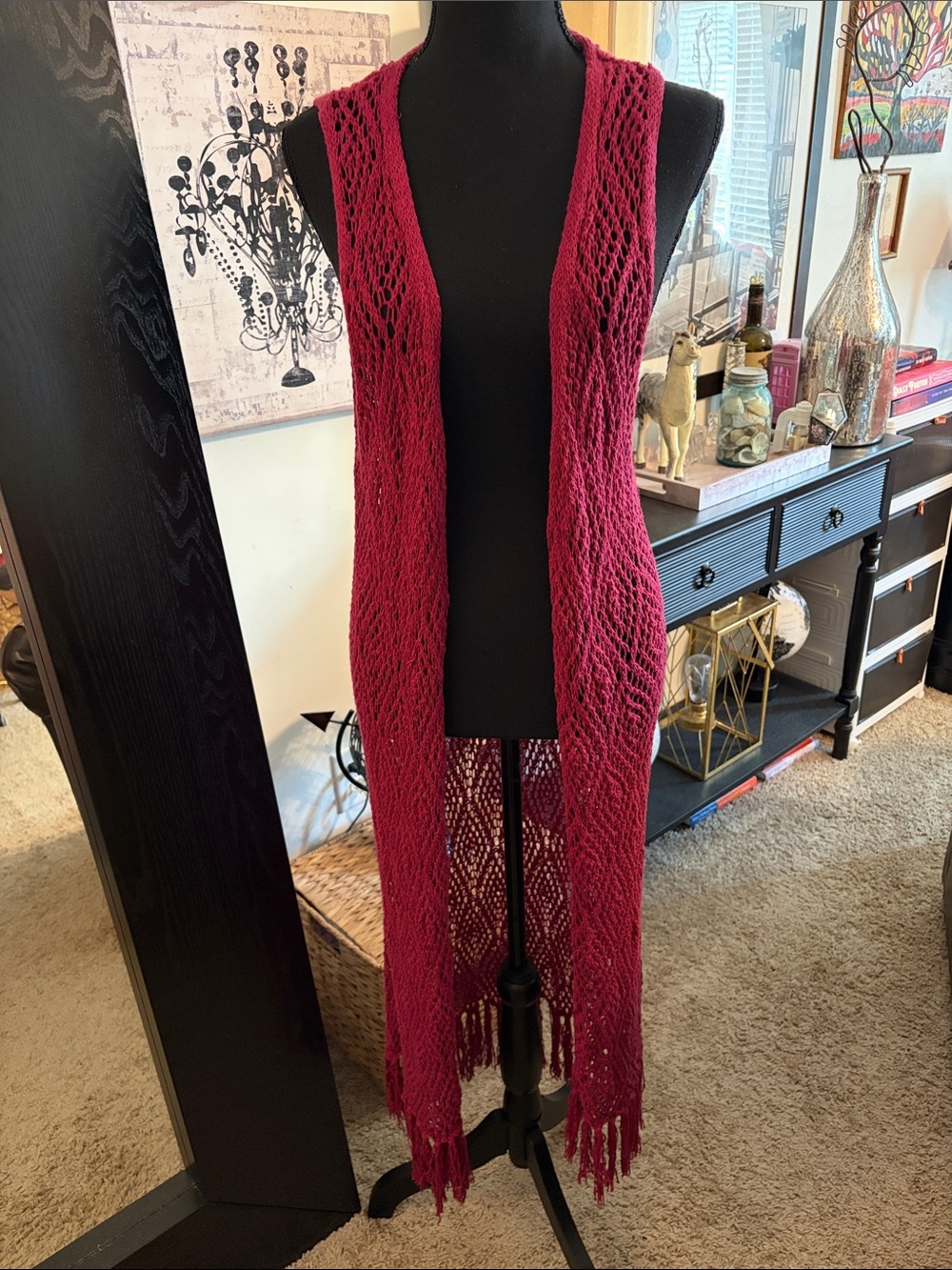 new directions Burgundy Crochet Fringe Duster